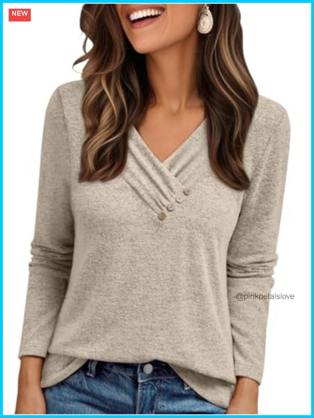 Long Sleeve Tunic Top V-Neck Button Detail Business Casual Blouse